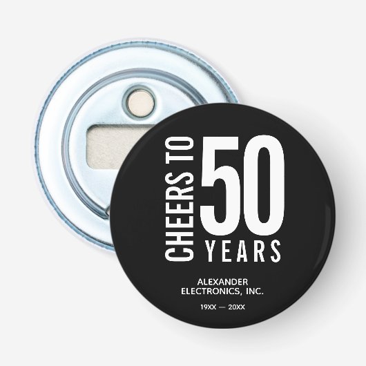 Hoera voor Jaren in Business Jubileum Button Flesopener (Voorkant)