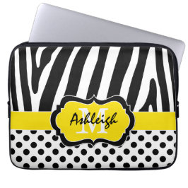 Hoesje met gele zwarte Zebra Stripes Polka Dots-la Laptop Sleeve