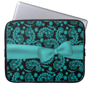 Hoesje voor zwarte en Aqua Paisley Pattern-laptop Laptop Sleeve