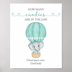 Hoeveel Snoepjes Green Elephant Baby shower Game Poster