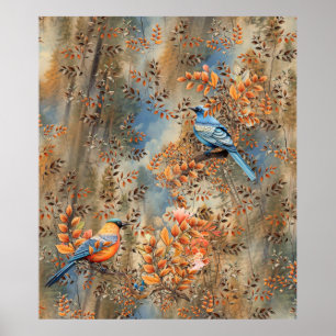 Hoge bomen, de bladeren van de herfst & Blue-Birds Poster