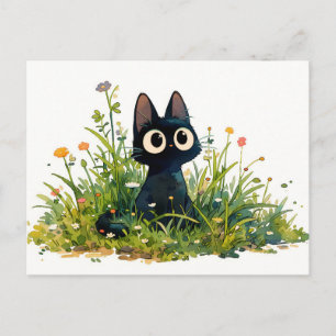 Hoge Gras Waterverf Kawaii Zwarte Kat Briefkaart