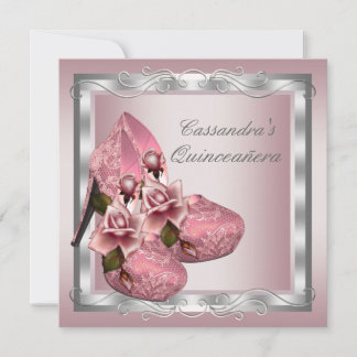 Hoge Hak Schoen Roze Roos Quinceanera Kaart