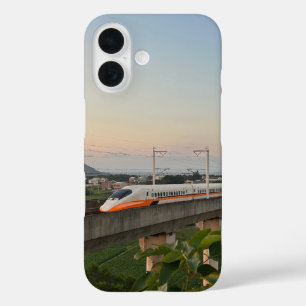 Hogesnelheidstrein bij zonsondergang: modern spoor iPhone 16 hoesje