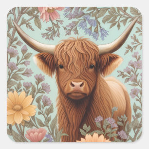 Hogland Koe Pastel William Morris Geïnspireerde Bl Vierkante Sticker