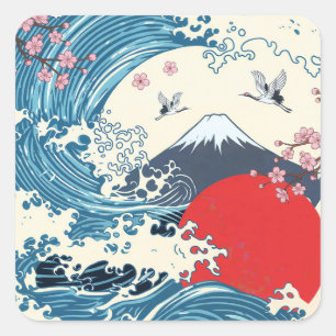 Hokusai Grote Golf Retro Japanse Kunst Vierkante Sticker