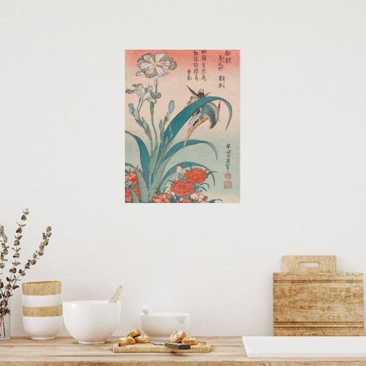 Hokusai Kingfisher Iris en Wild Pinks Gallery HD Poster (Keuken)