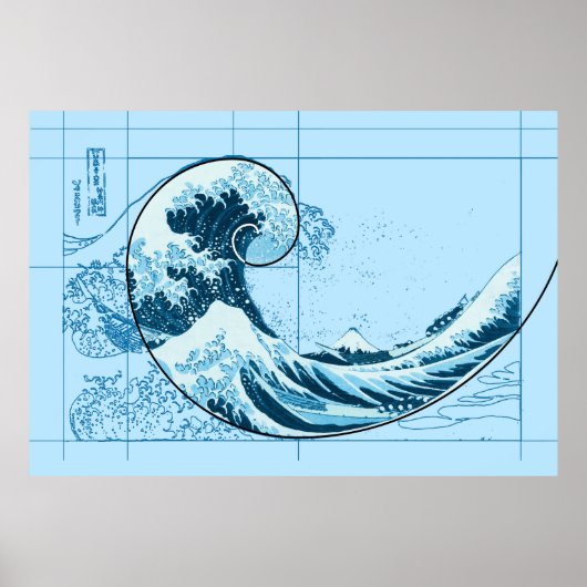Hokusai Meets Fibonacci Blue Poster (Voorkant)