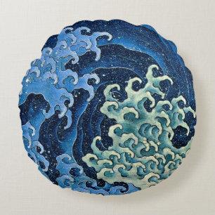 Hokusai Vrouwelijke Golf Vintage Oceaan  Rond Kussen
