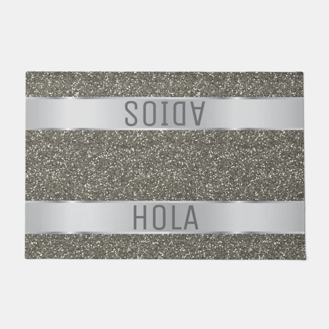 Hola Adios Spaanse Typografie Silver Glitter Deurmat (Voorkant)