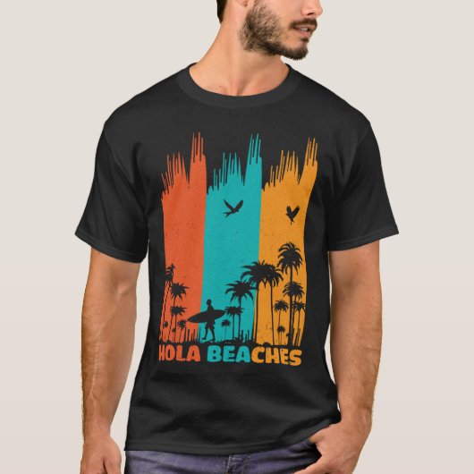 Hola Beaches Retro Surfing Summer Palm Tree Family T-shirt (Voorkant)