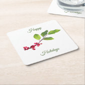 holbessentak met bladeren vierkante kartonnen onderzetter (Schuin)