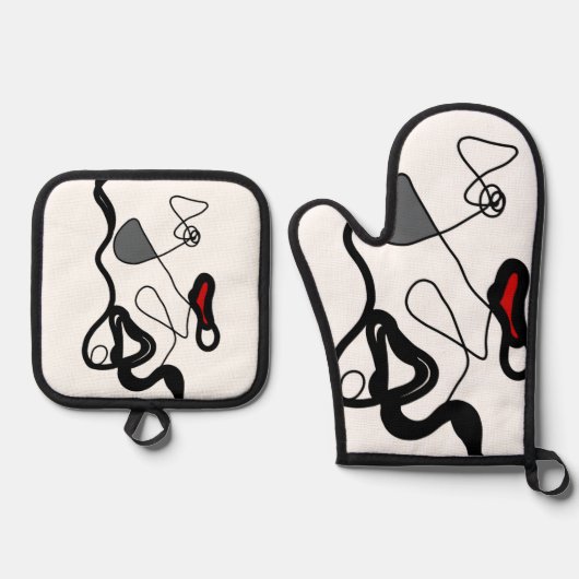 Holding Pattern: Abstract zwart, wit, grijs & rood Ovenwant & Pannenlap Set (Voorkant)