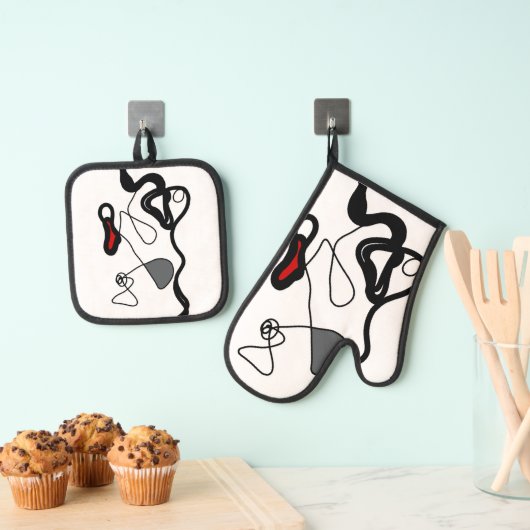 Holding Pattern: Abstract zwart, wit, grijs & rood Ovenwant & Pannenlap Set (Insitu(Ophanging))