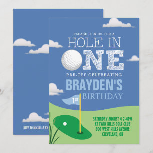 Hole in One Blue Golf Theme Jongens Eerste Verjaar Kaart