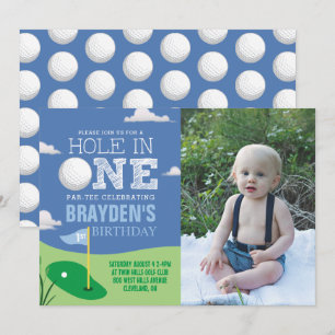 Hole in One Blue Golf Theme Jongens Eerste Verjaar Kaart