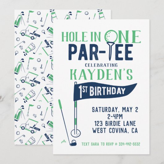 Hole in One Doodle Golf First Birthday Invitation Kaart (Voorkant / Achterkant)