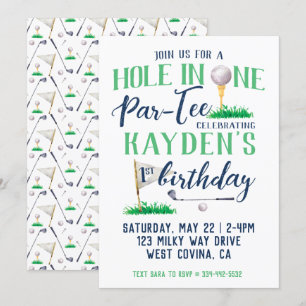 Hole in One Golf First Birthday Waterverf Kaart