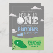 Hole in One Gray Golf Theme Boys First Birthday Kaart (Voorkant / Achterkant)