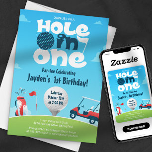 Hole In One Par Tee Groen Blauw Golf Verjaardagsfe Kaart