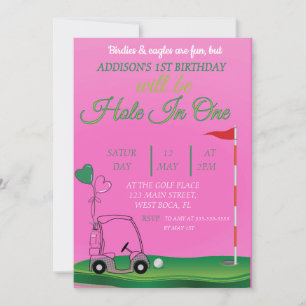 Hole In One Pink Golf 1e meisje Verjaardag Uitnodi Kaart