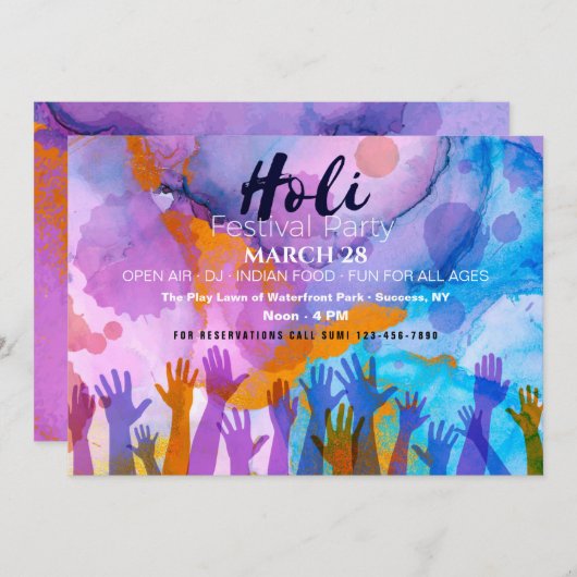 Holi Festival Party Invitation (Devant / Derrière)