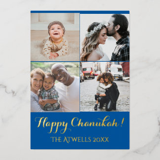 Holiday 4 Foto's Happy Chanukah Pattern Blue Folie Folie Feestdagenkaart