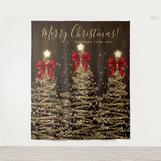 Holiday Backdrop Gold Christmas Trees w/ Red Bows Wandkleed (Voorkant)