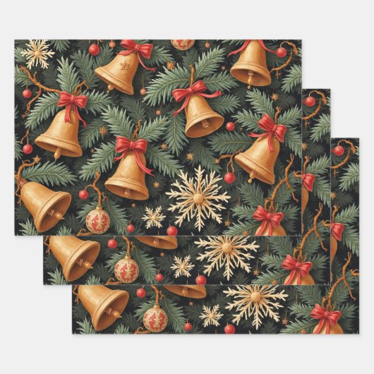 Holiday Bells, Decorative Christmas Pattern, Inpakpapier Vel (Set)