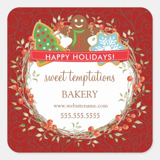 Holiday Berry Wreath Kerstkoekje Vierkante Sticker (Voorkant)