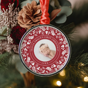 Holiday Botanical   Eerste kerstfoto baby's Metalen Ornament