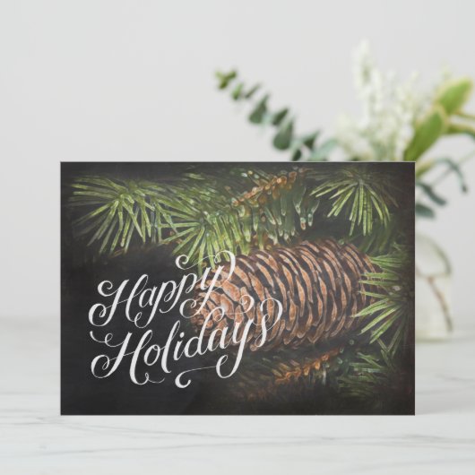 Holiday Chalk Drawn Pinecone en Pine Needles Feestdagenkaart (Staand voorkant)
