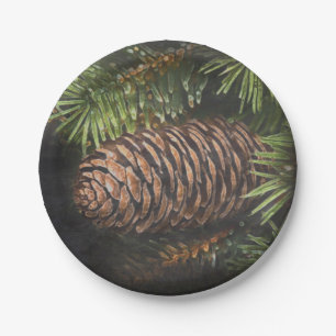 Holiday Chalk Drawn Pinecone en Pine Needles Papieren Bordje