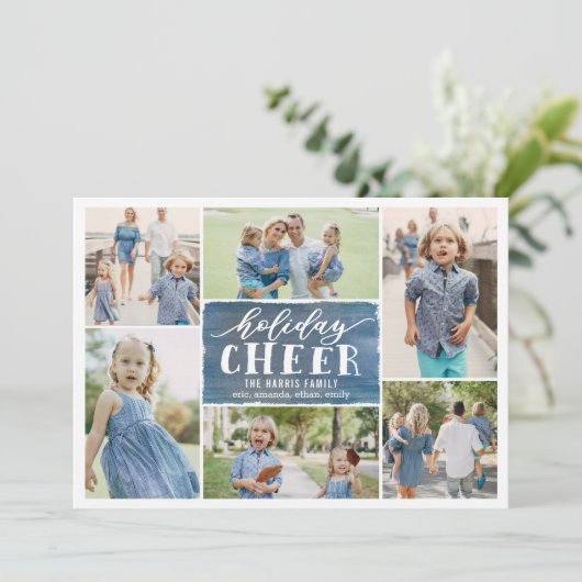 Holiday Cheer Collage Holiday Photo Card Navy Feestdagenkaart (Staand voorkant)