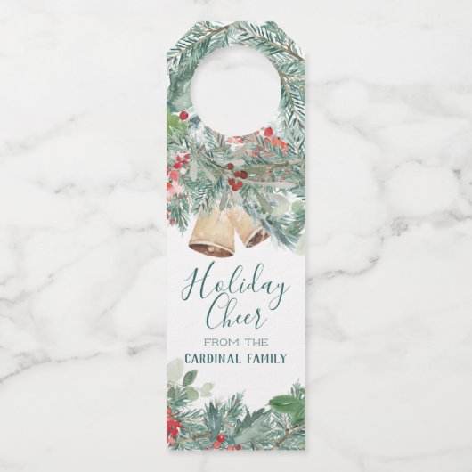 Holiday Cheer Red Holly & Rustic Bells Flessenhanger (Voorkant)