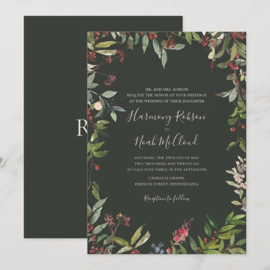 Holiday Chic Botanical | Donkere groene bruiloft I Kaart (Voorkant / Achterkant)