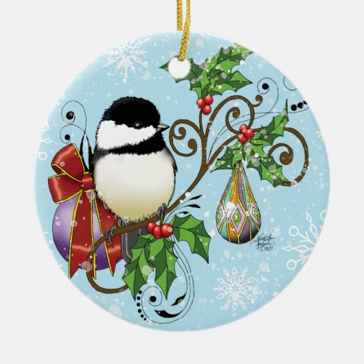 Holiday Chickadee Keramisch Ornament (Voorkant)