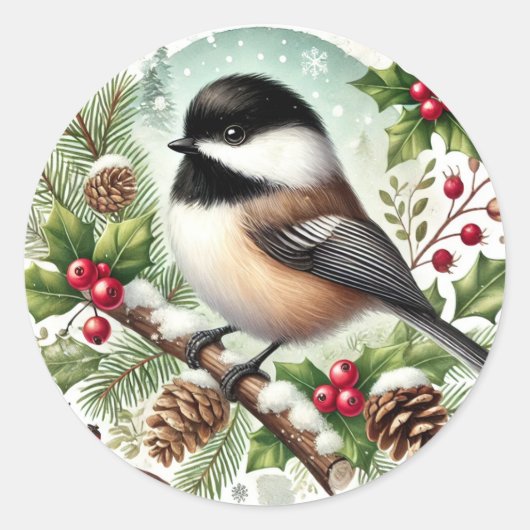 Holiday Chickadee Ronde Sticker (Voorkant)