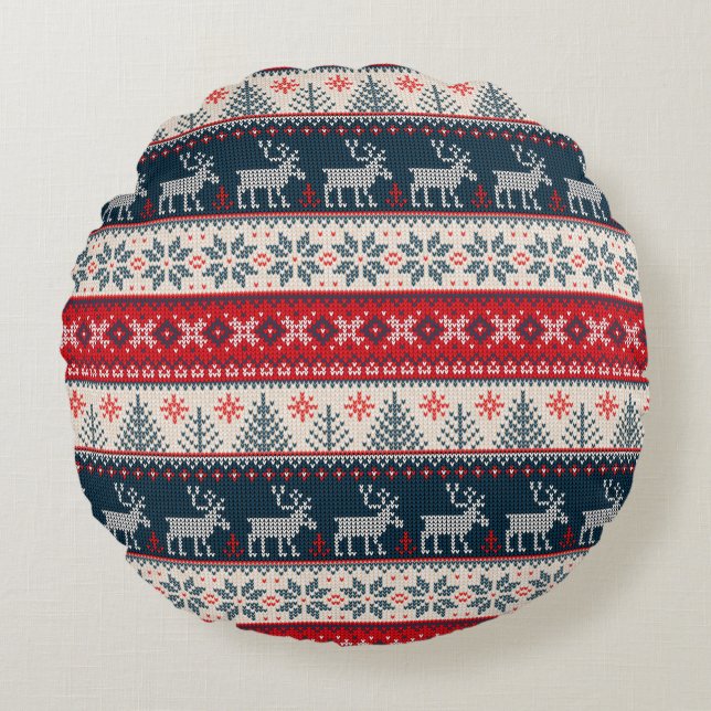 Holiday Faux Knit Pattern Nordic Theme Kerstmis Rond Kussen (Voorkant)