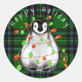 Holiday Festive Penguin, roodgekleurde groene lich Ronde Sticker