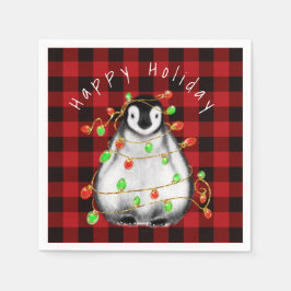 Holiday Festive Penguin, roodgekleurde groene lich Servet