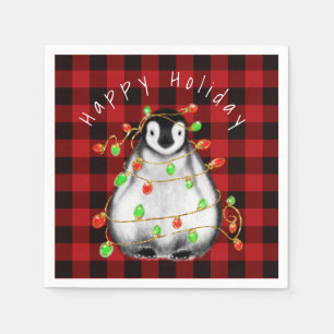 Holiday Festive Penguin, roodgekleurde groene lich Servet