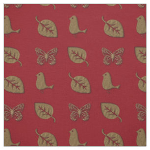 Holiday Garden Golden Leaf Butterfly Bird Red Stof