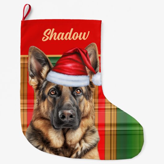 Holiday German Shepherd Plaid with Dog's Name Grote Kerstsok (Voorkant)