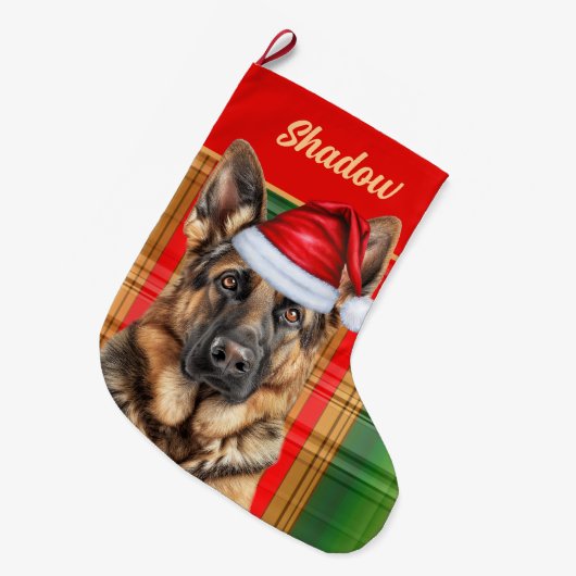 Holiday German Shepherd Plaid with Dog's Name Grote Kerstsok (Voorkant (Hangend))