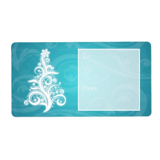 Holiday Gift Label Swirly Christmas Tree Blauw (Voorkant)