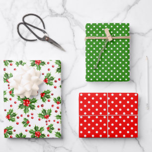 Holiday Green Holly Red Berries Polka Dots Patroon Inpakpapier Vel