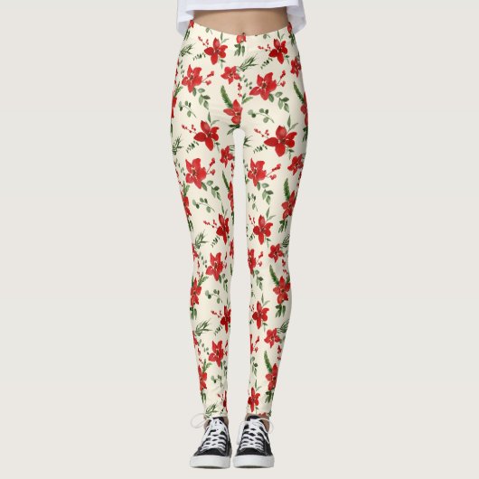 Holiday Green Holly Red Floral Kerstmis Pattern Leggings (Voorkant)