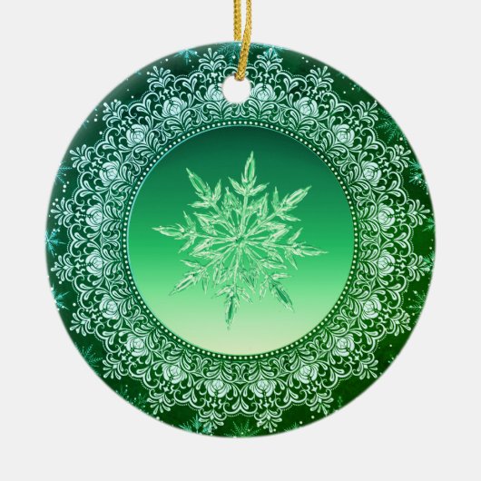 Holiday Green Ice Crystal Snowflake Keramisch Ornament (Voorkant)