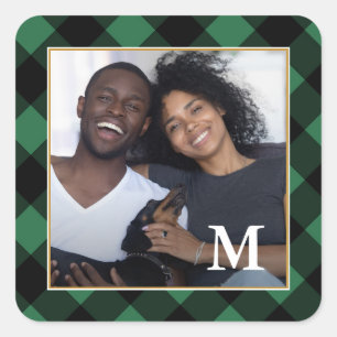 Holiday Green Play met Monogram Foto Vierkante Sticker
